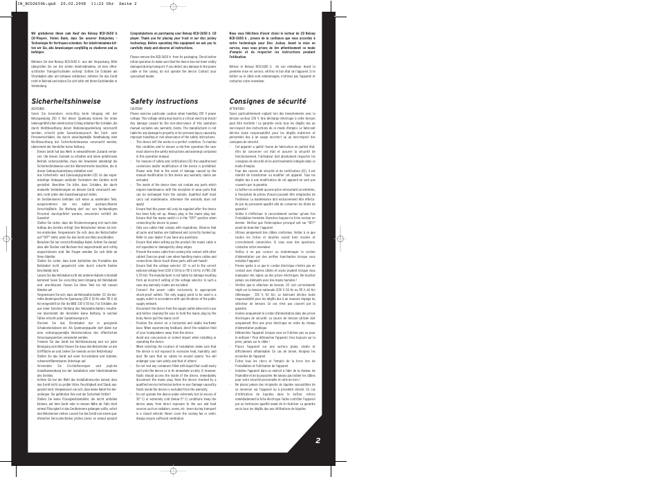 Sicherheitshinweise, Safety instructions, Consignes de sécurité | Reloop RCD-2650 B User Manual | Page 2 / 8