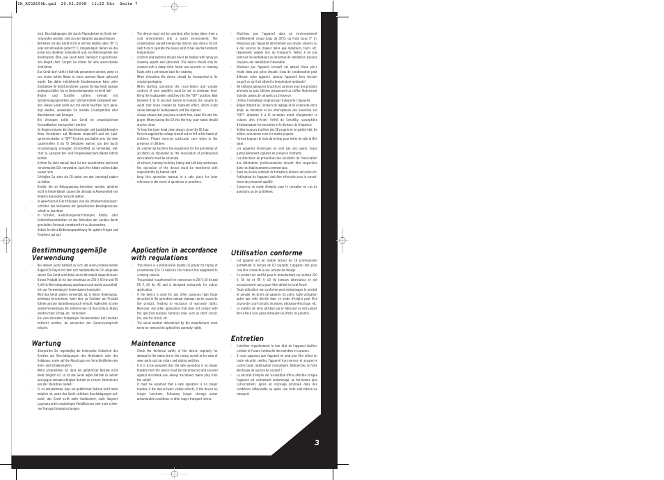 Bestimmungsgemäße verwendung, Wartung, Application in accordance with regulations | Maintenance, Utilisation conforme, Entretien | Reloop RCD-2650 B User Manual | Page 3 / 8