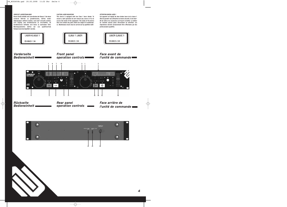 Vorderseite bedieneinheit rückseite bedieneinheit | Reloop RCD-2650 B User Manual | Page 4 / 8