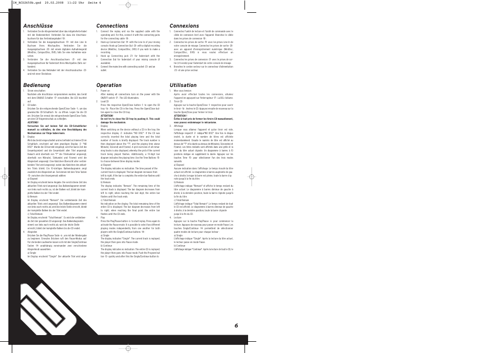 6anschlüsse, Bedienung, Connections | Operation, Connexions, Utilisation | Reloop RCD-2650 B User Manual | Page 6 / 8