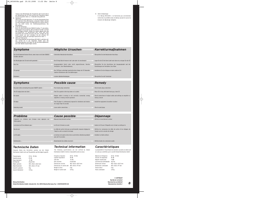 Technische daten, Technical information, Caractéristiques | Symptome, Mögliche ursachen, Korrekturmaßnahmen, Symptoms, Possible cause, Remedy, Problème | Reloop RCD-2650 B User Manual | Page 8 / 8