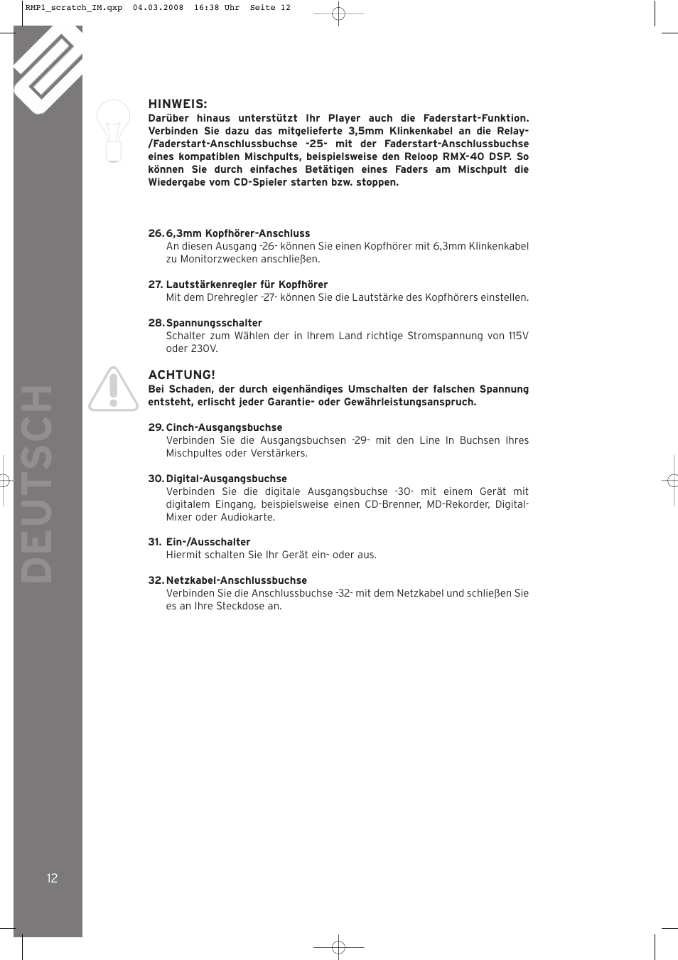 Deut sch | Reloop RMP-1 SCRATCH LTD. User Manual | Page 12 / 44