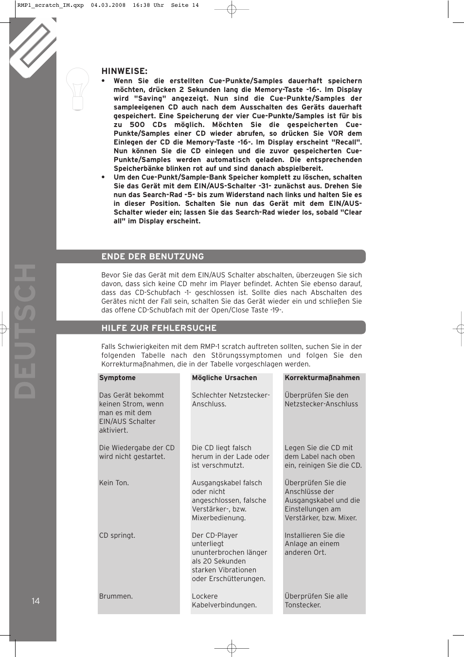 Deut sch | Reloop RMP-1 SCRATCH LTD. User Manual | Page 14 / 44