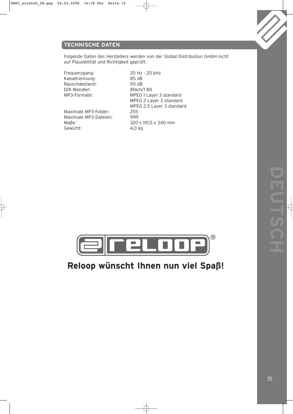 Deut sch, Reloop wünscht ihnen nun viel spaß | Reloop RMP-1 SCRATCH LTD. User Manual | Page 15 / 44
