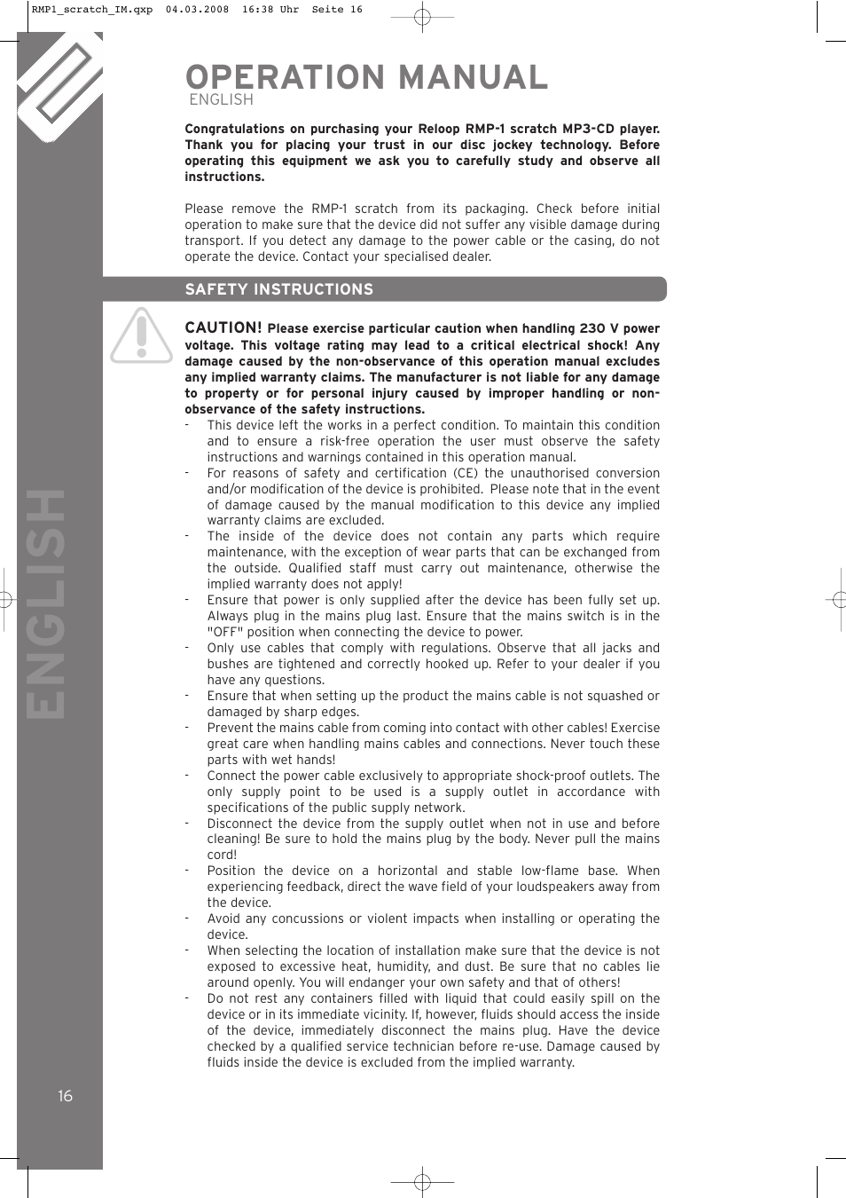 English, Operation manual | Reloop RMP-1 SCRATCH LTD. User Manual | Page 16 / 44
