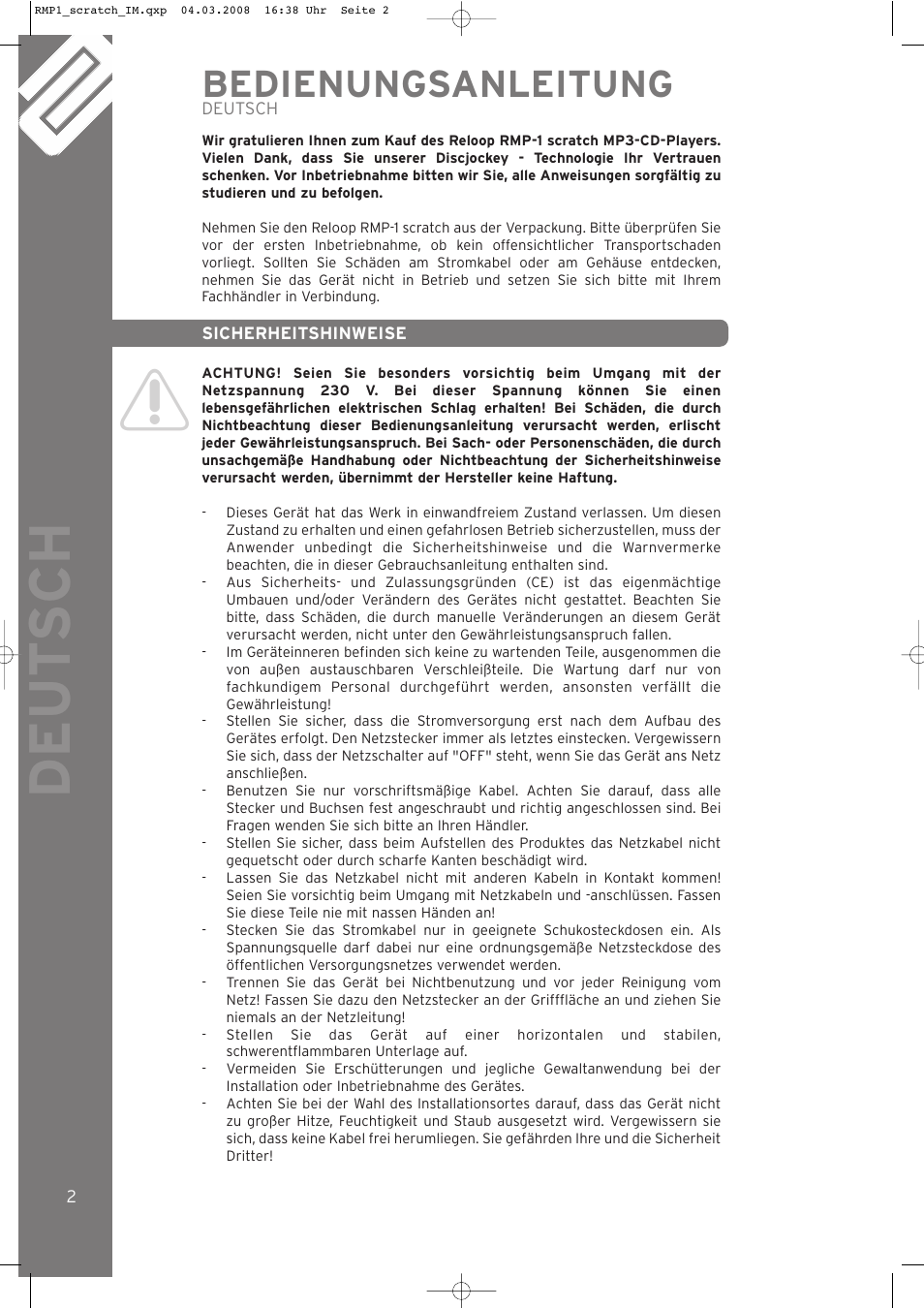 Deut sch, Bedienungsanleitung | Reloop RMP-1 SCRATCH LTD. User Manual | Page 2 / 44