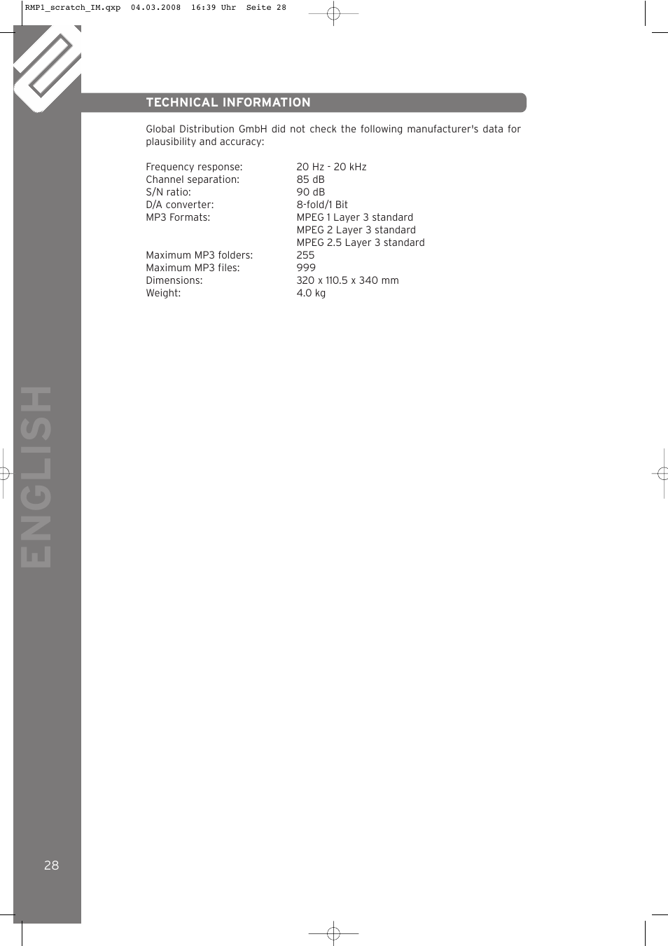 English | Reloop RMP-1 SCRATCH LTD. User Manual | Page 28 / 44