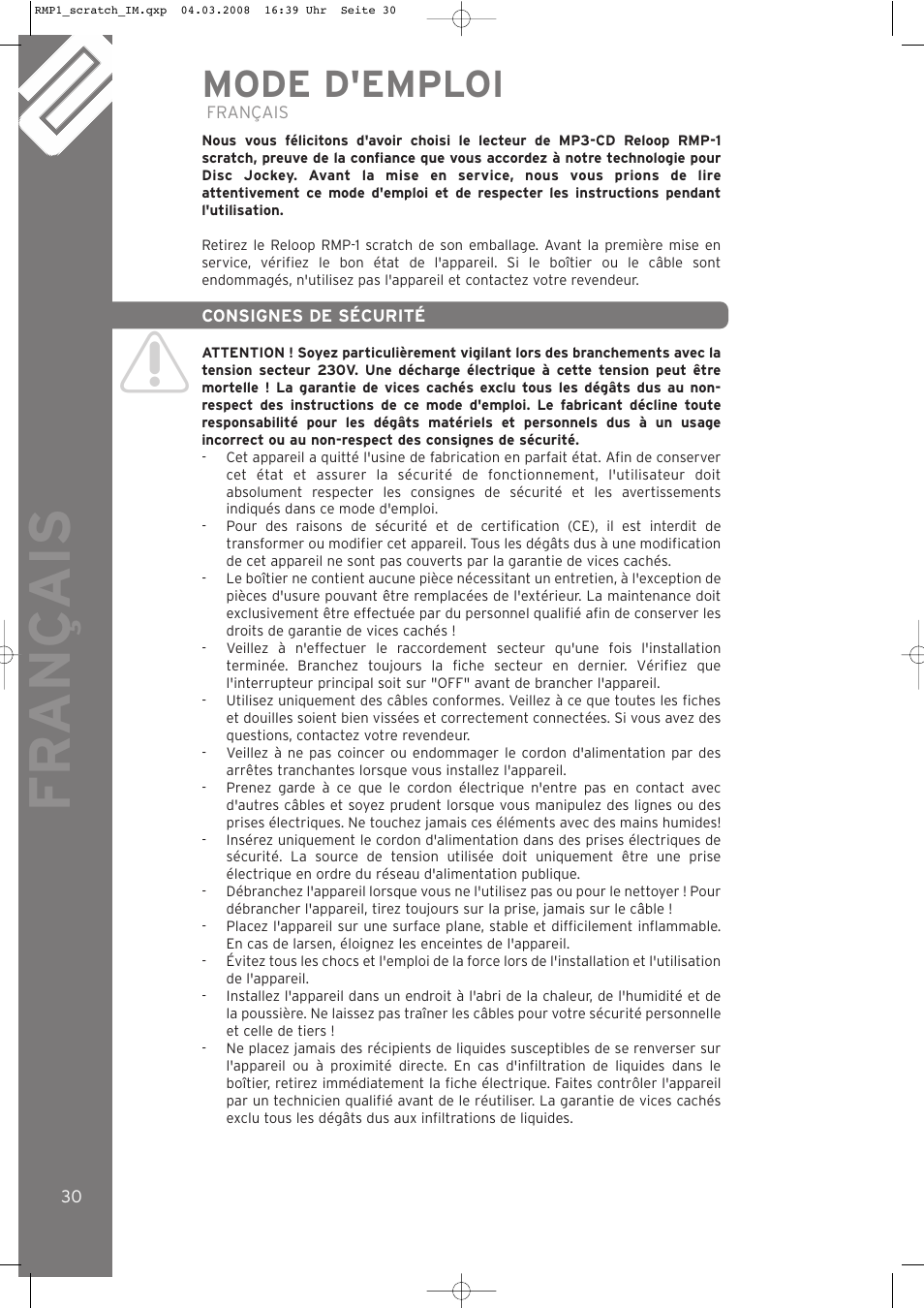Fr ançais, Mode d'emploi | Reloop RMP-1 SCRATCH LTD. User Manual | Page 30 / 44