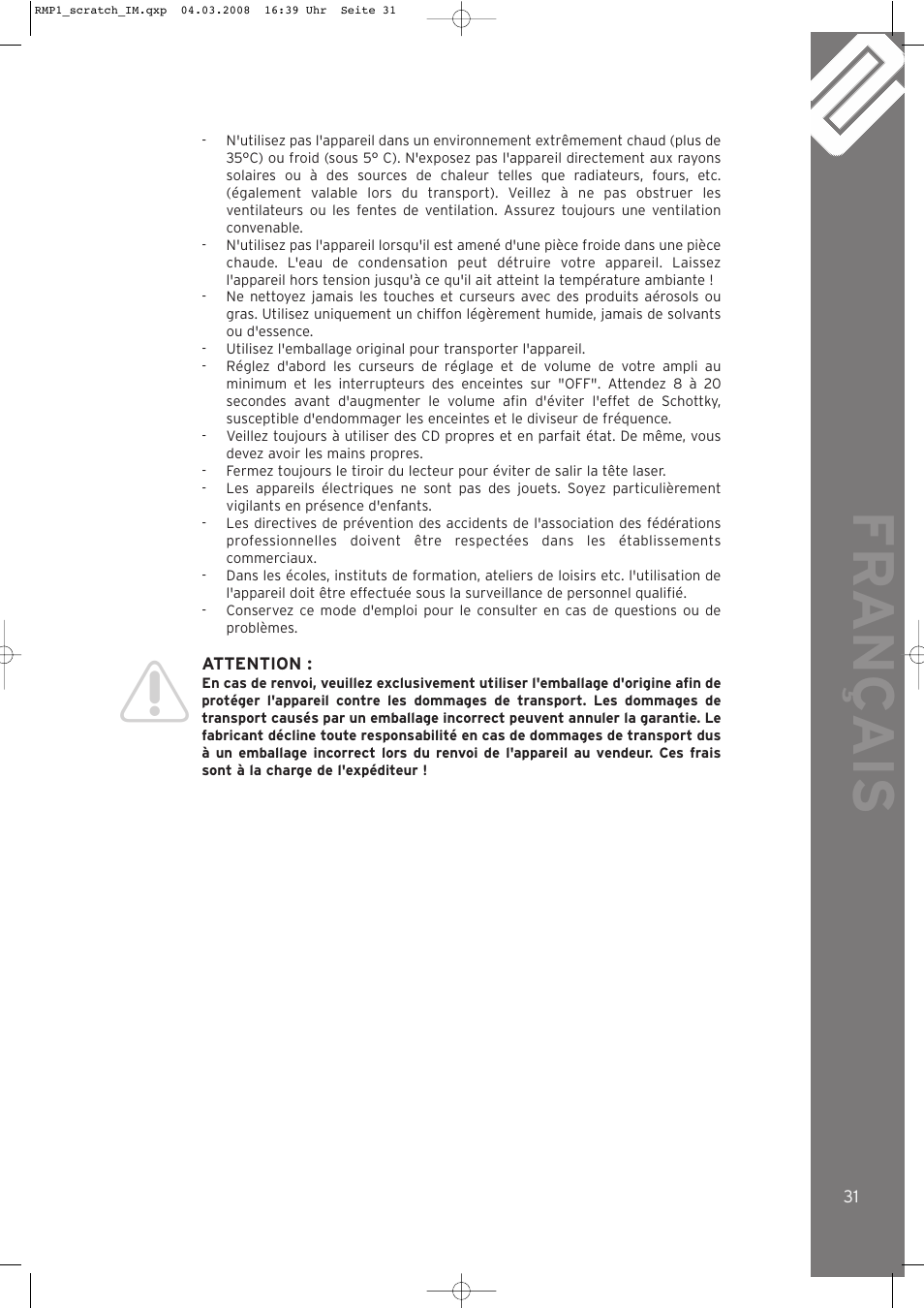 Fr ançais | Reloop RMP-1 SCRATCH LTD. User Manual | Page 31 / 44