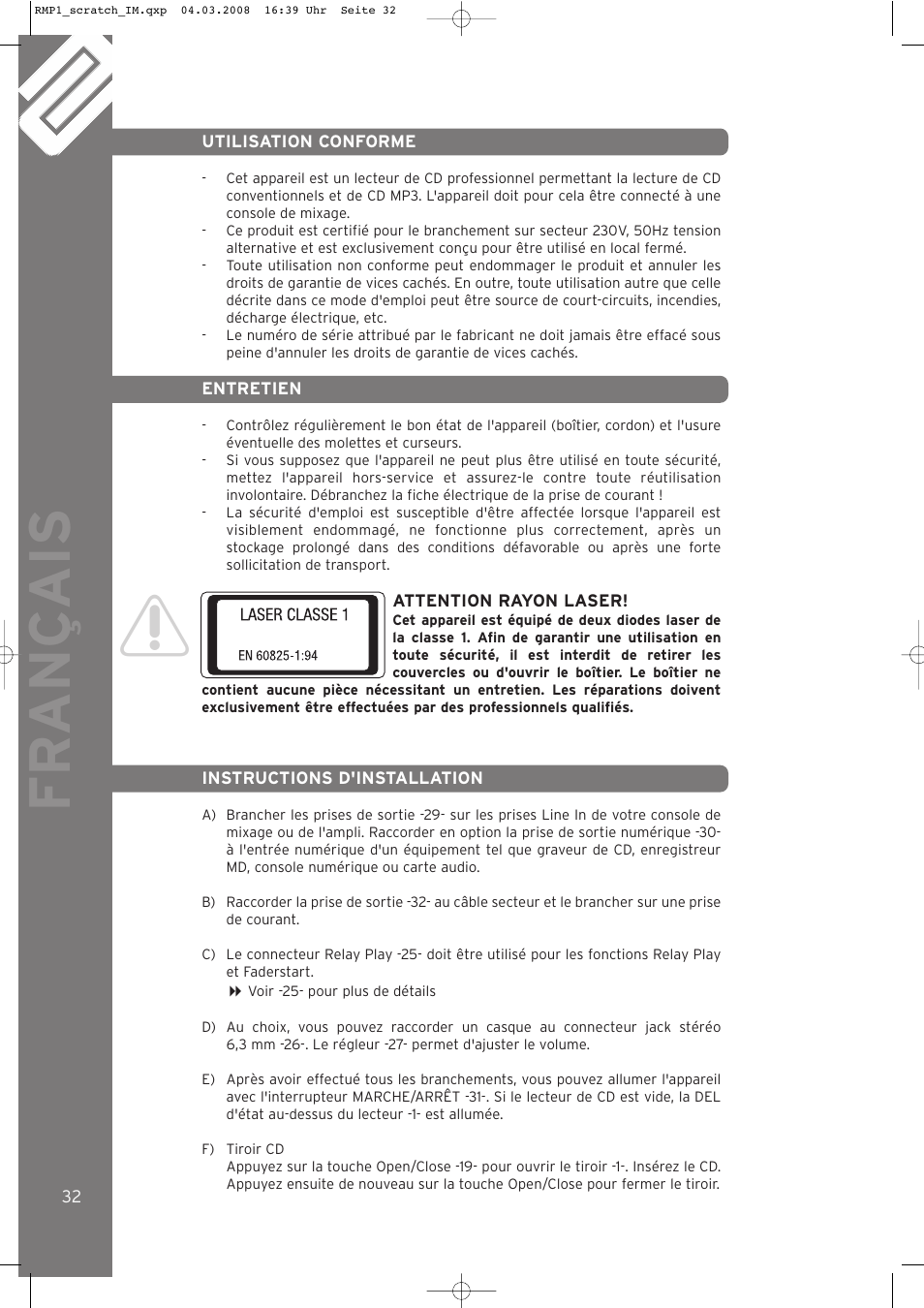 Fr ançais | Reloop RMP-1 SCRATCH LTD. User Manual | Page 32 / 44