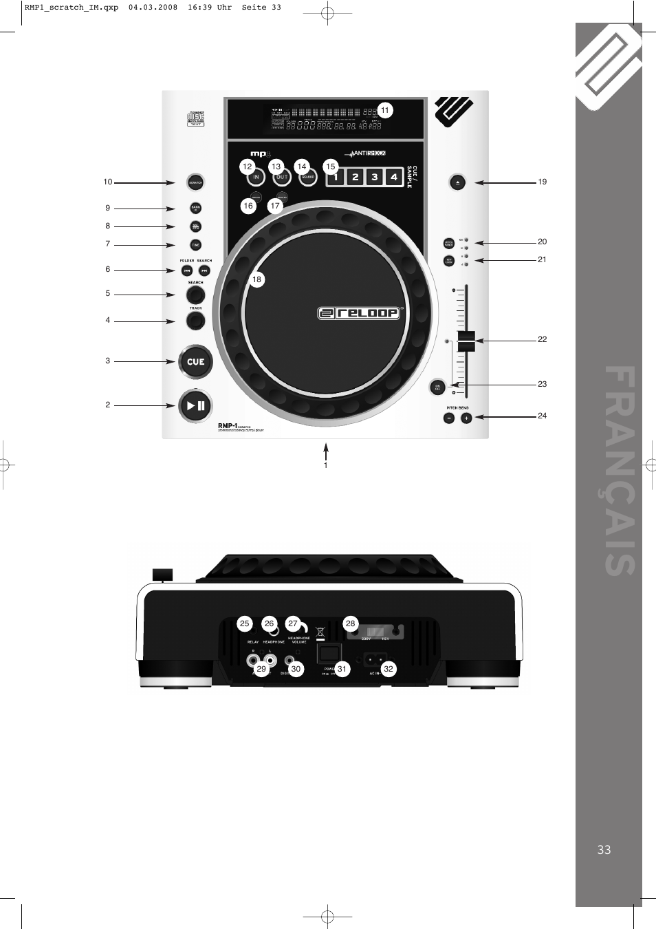 Fr ançais | Reloop RMP-1 SCRATCH LTD. User Manual | Page 33 / 44