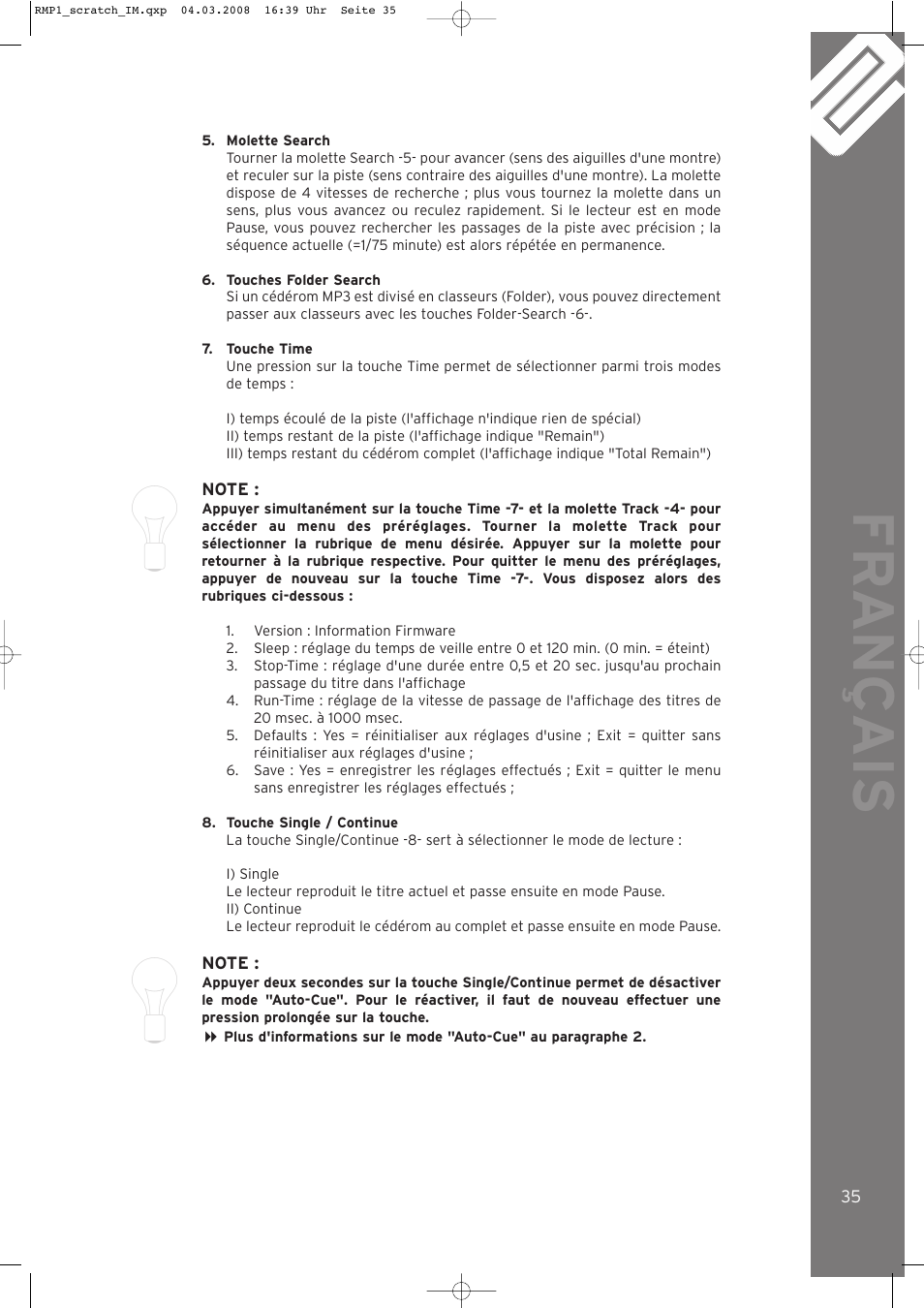 Fr ançais | Reloop RMP-1 SCRATCH LTD. User Manual | Page 35 / 44