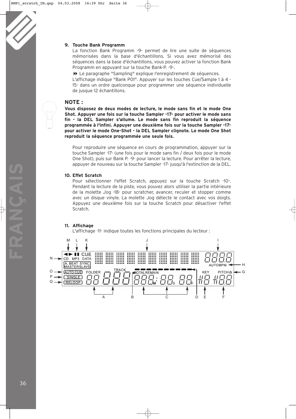 Fr ançais | Reloop RMP-1 SCRATCH LTD. User Manual | Page 36 / 44