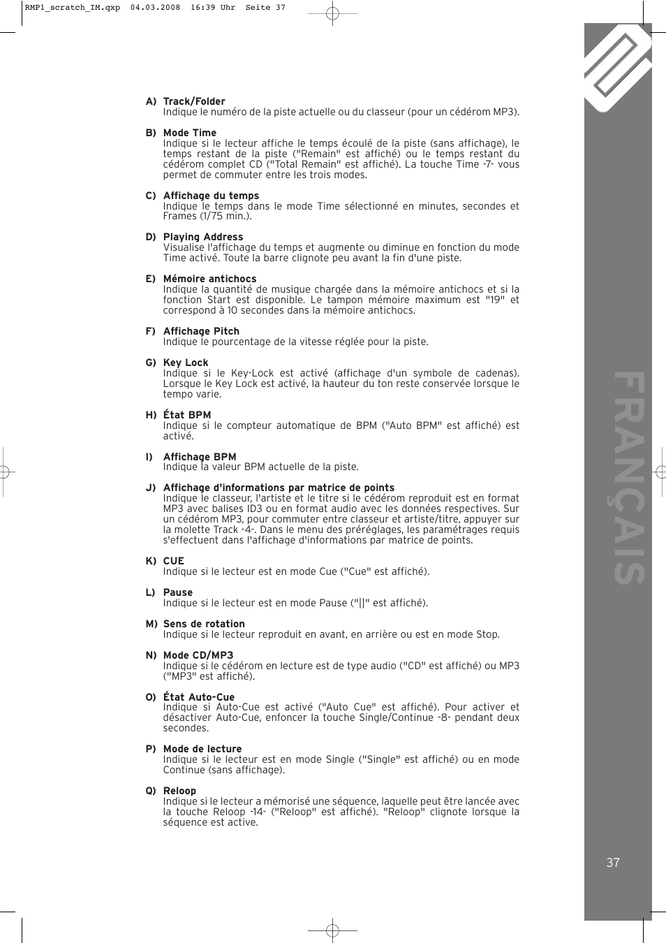 Fr ançais | Reloop RMP-1 SCRATCH LTD. User Manual | Page 37 / 44