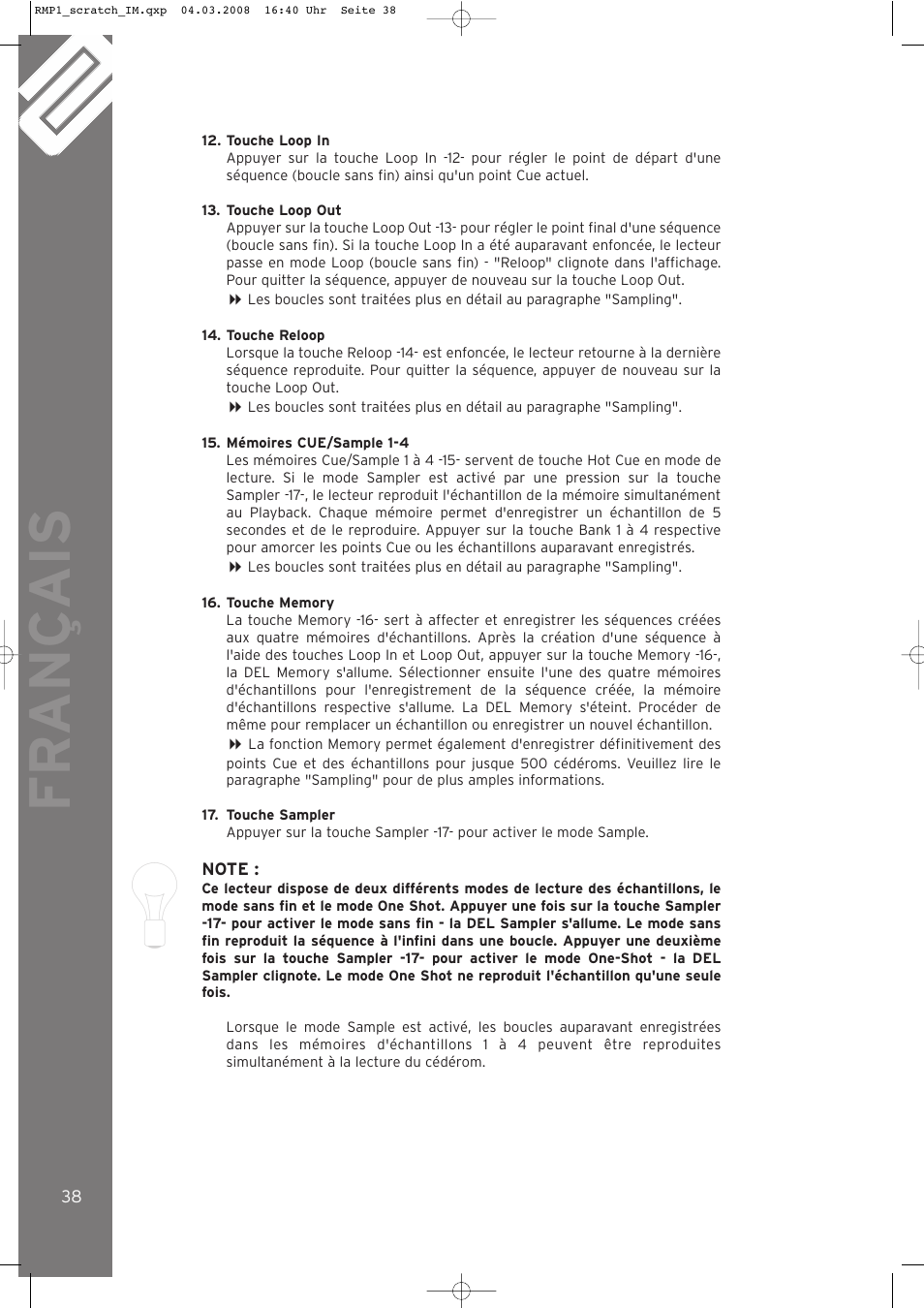 Fr ançais | Reloop RMP-1 SCRATCH LTD. User Manual | Page 38 / 44