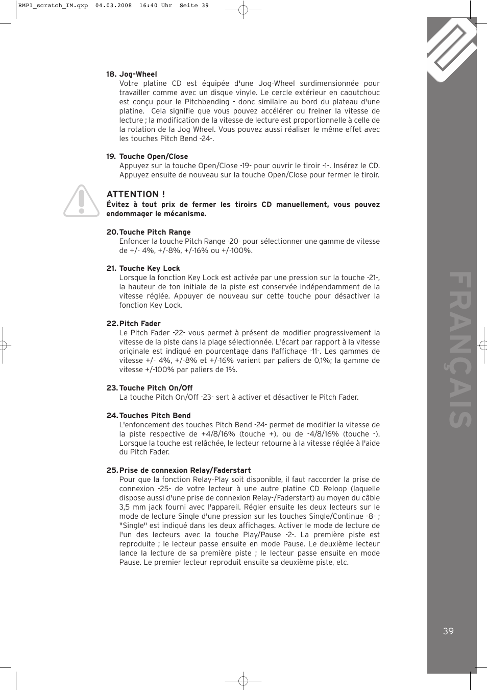 Fr ançais | Reloop RMP-1 SCRATCH LTD. User Manual | Page 39 / 44