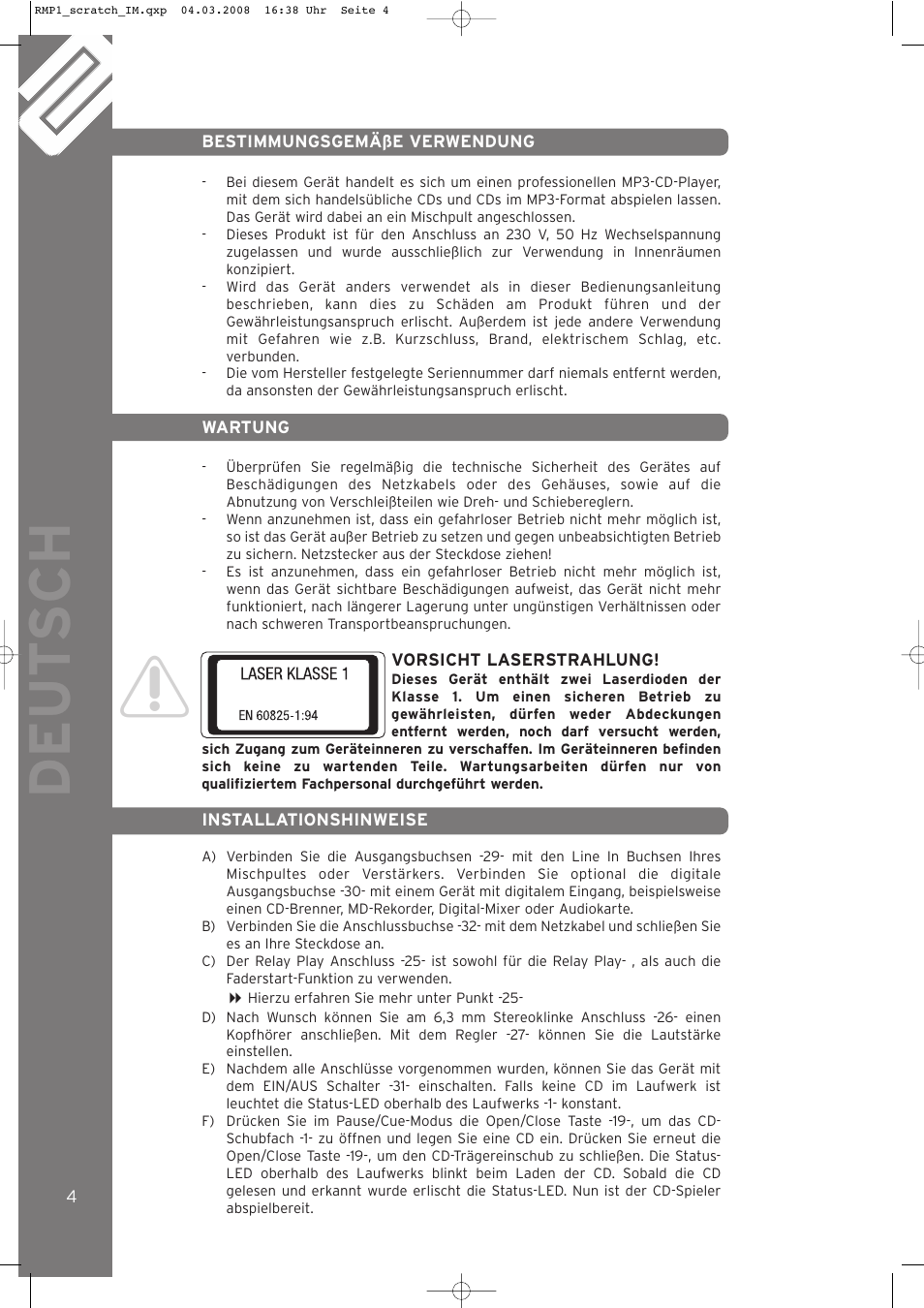 Deut sch | Reloop RMP-1 SCRATCH LTD. User Manual | Page 4 / 44