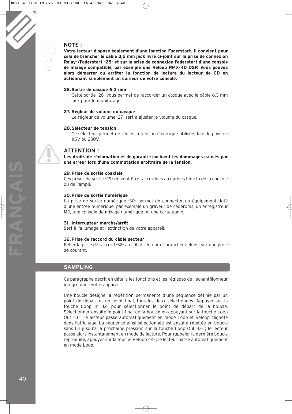 Fr ançais | Reloop RMP-1 SCRATCH LTD. User Manual | Page 40 / 44