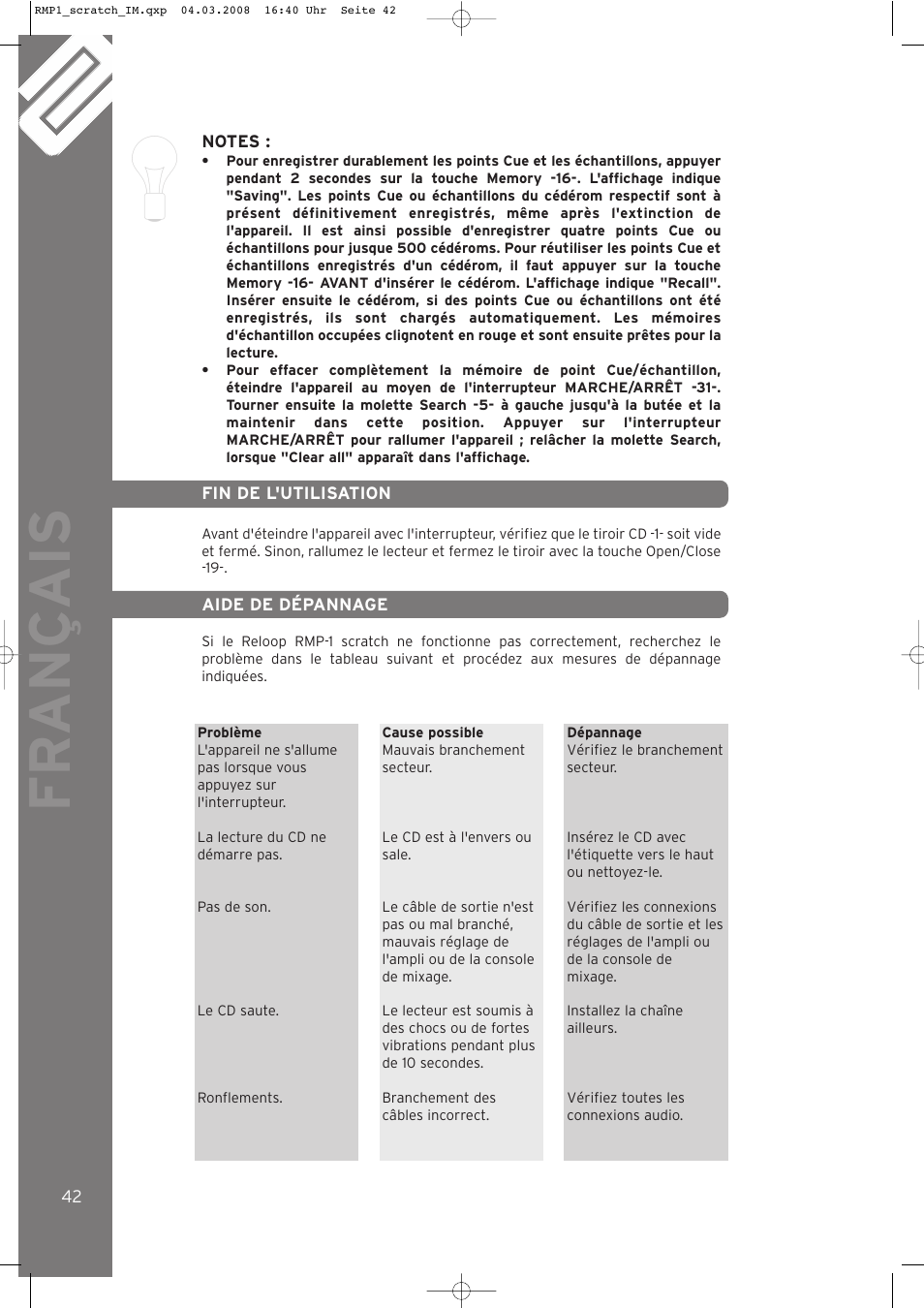 Fr ançais | Reloop RMP-1 SCRATCH LTD. User Manual | Page 42 / 44