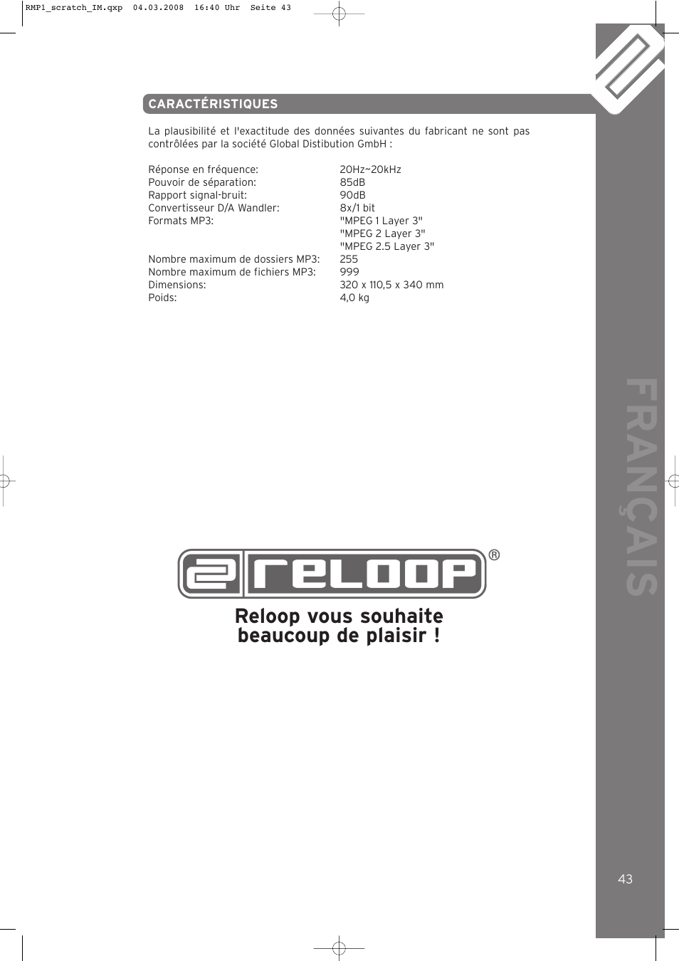 Fr ançais, Reloop vous souhaite beaucoup de plaisir | Reloop RMP-1 SCRATCH LTD. User Manual | Page 43 / 44