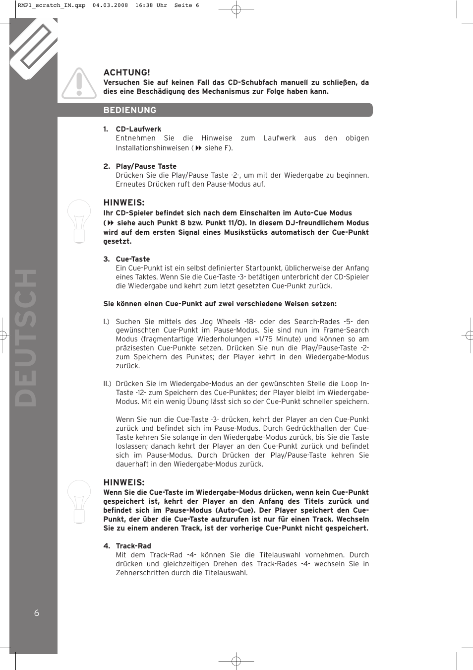 Deut sch | Reloop RMP-1 SCRATCH LTD. User Manual | Page 6 / 44