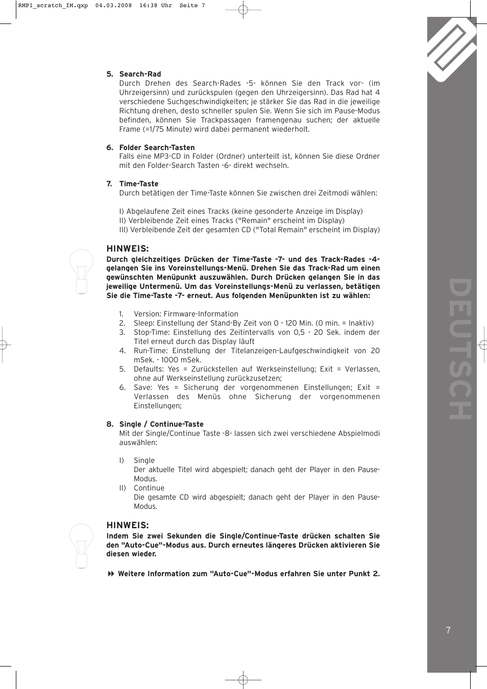 Deut sch | Reloop RMP-1 SCRATCH LTD. User Manual | Page 7 / 44