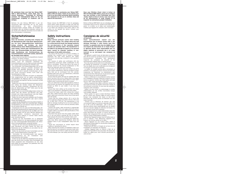 Sicherheitshinweise, Safety instructions, Consignes de sécurité | Reloop RMP-1660 User Manual | Page 2 / 8