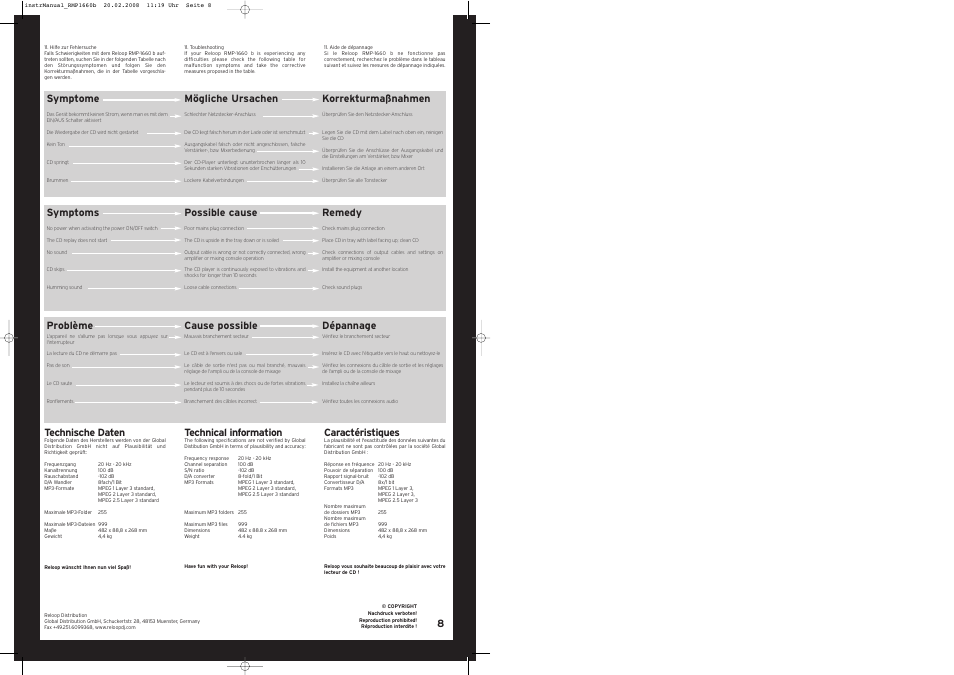 Technische daten, Technical information, Caractéristiques | 8symptome, Mögliche ursachen, Korrekturmaßnahmen, Symptoms, Possible cause, Remedy, Problème | Reloop RMP-1660 User Manual | Page 8 / 8