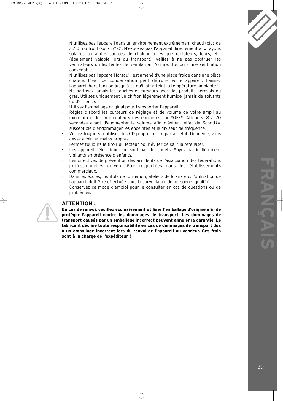 Fr ançais | Reloop RMP-2 MK2 LTD. User Manual | Page 39 / 56
