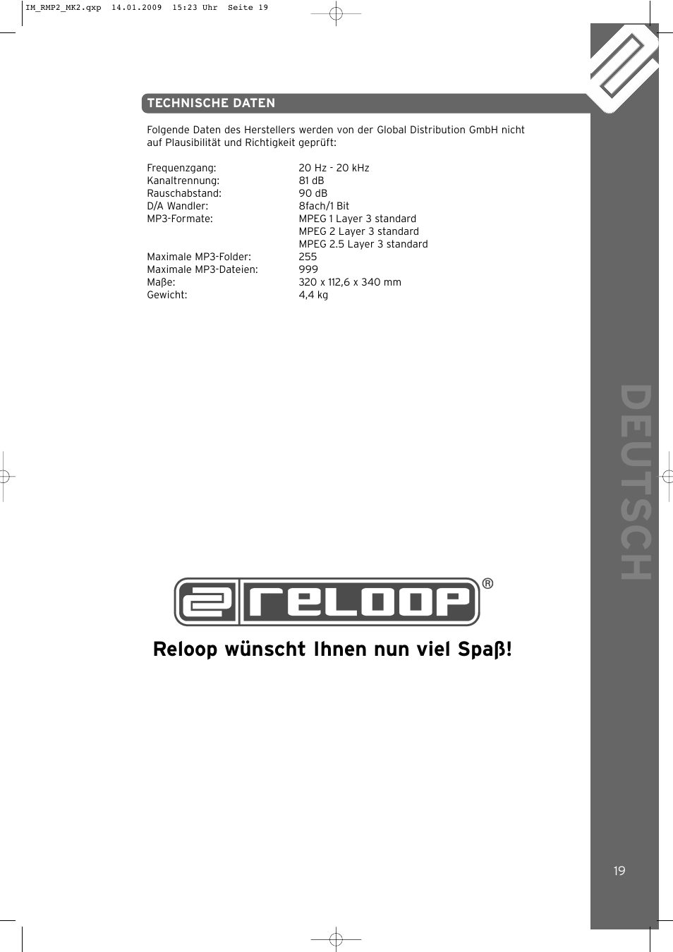 Deut sch, Reloop wünscht ihnen nun viel spaß | Reloop RMP-2 MK2 B User Manual | Page 19 / 56