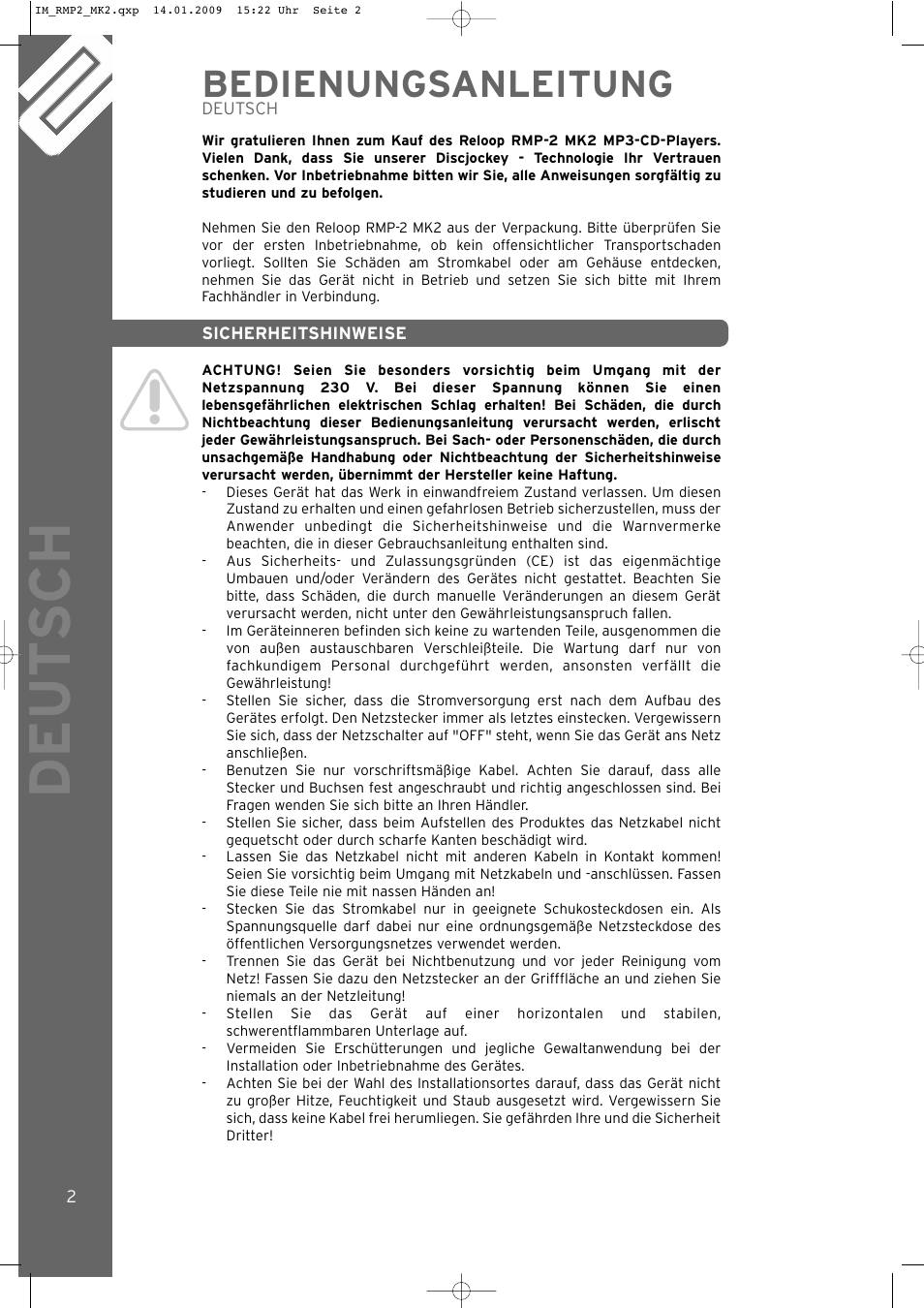 Deut sch, Bedienungsanleitung | Reloop RMP-2 MK2 B User Manual | Page 2 / 56