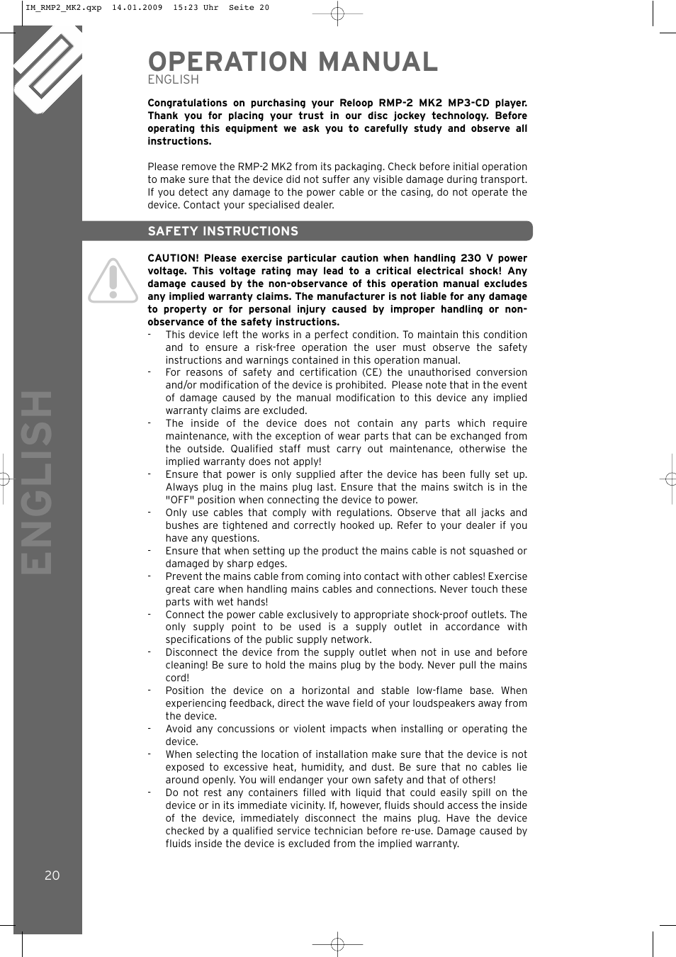 English, Operation manual | Reloop RMP-2 MK2 B User Manual | Page 20 / 56
