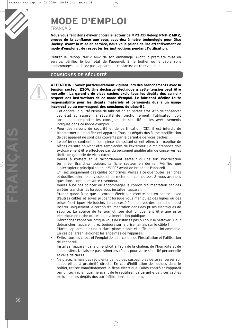 Fr ançais, Mode d'emploi | Reloop RMP-2 MK2 B User Manual | Page 38 / 56