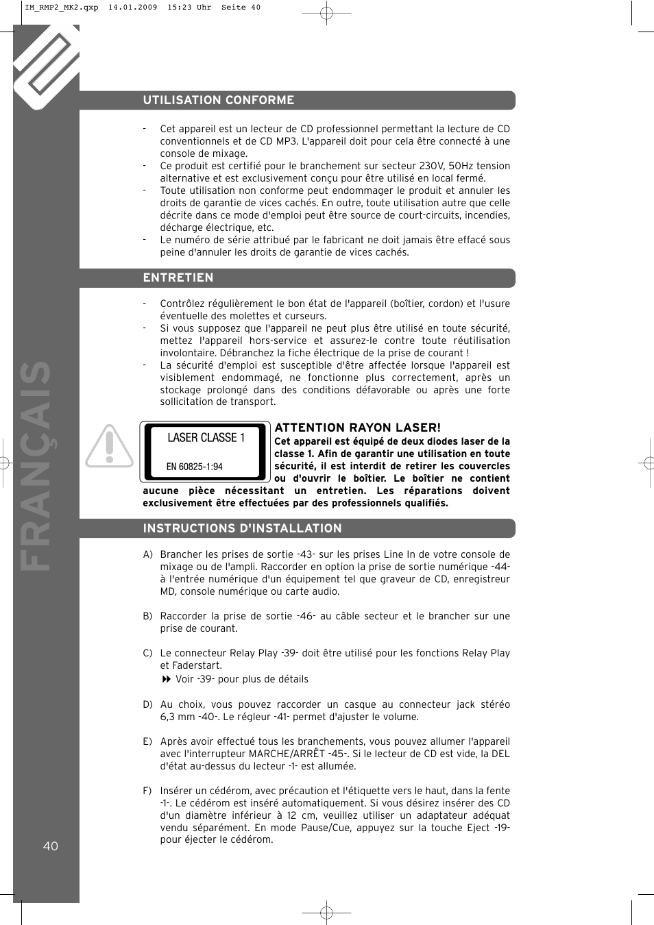 Fr ançais | Reloop RMP-2 MK2 B User Manual | Page 40 / 56