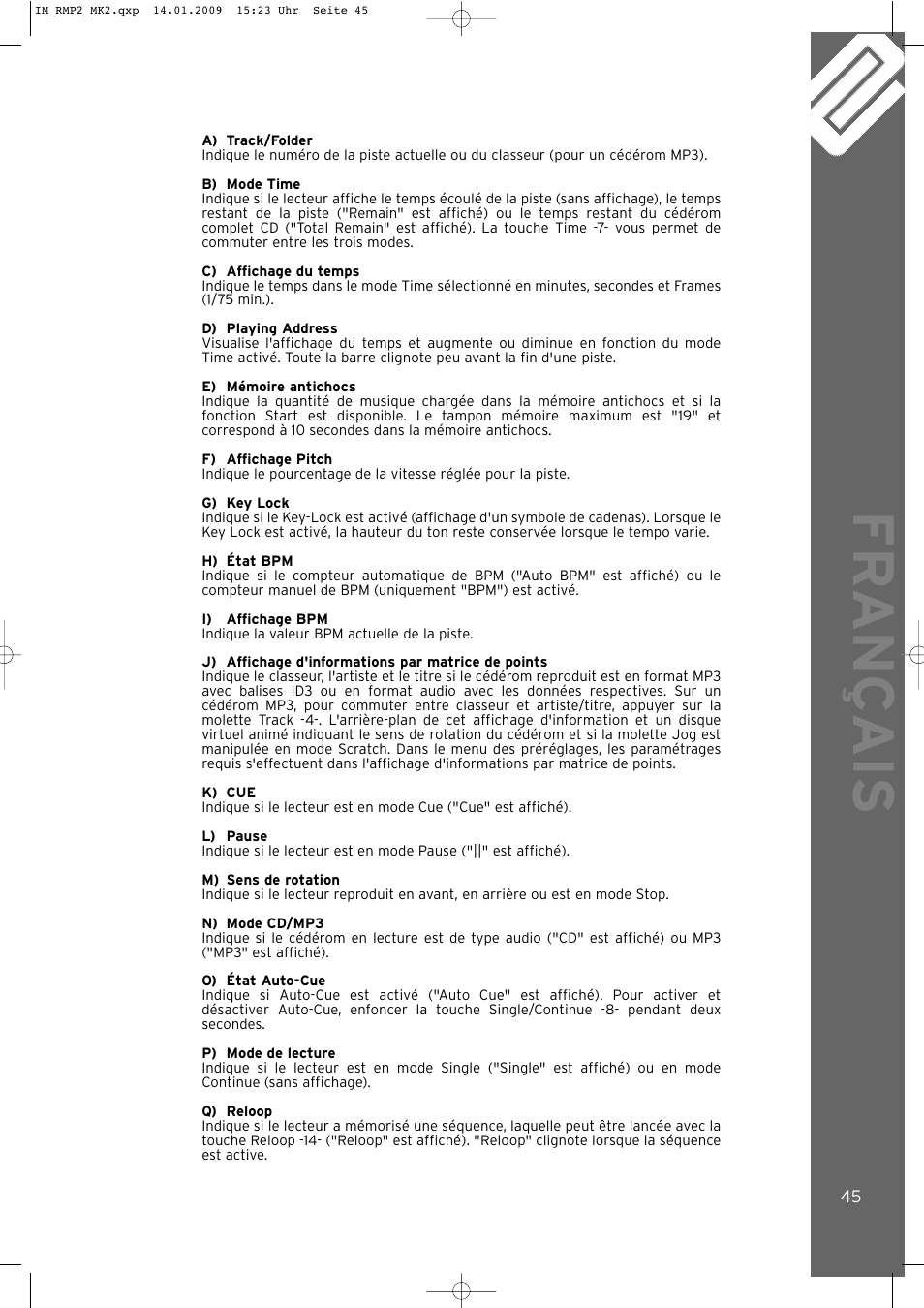 Fr ançais | Reloop RMP-2 MK2 B User Manual | Page 45 / 56