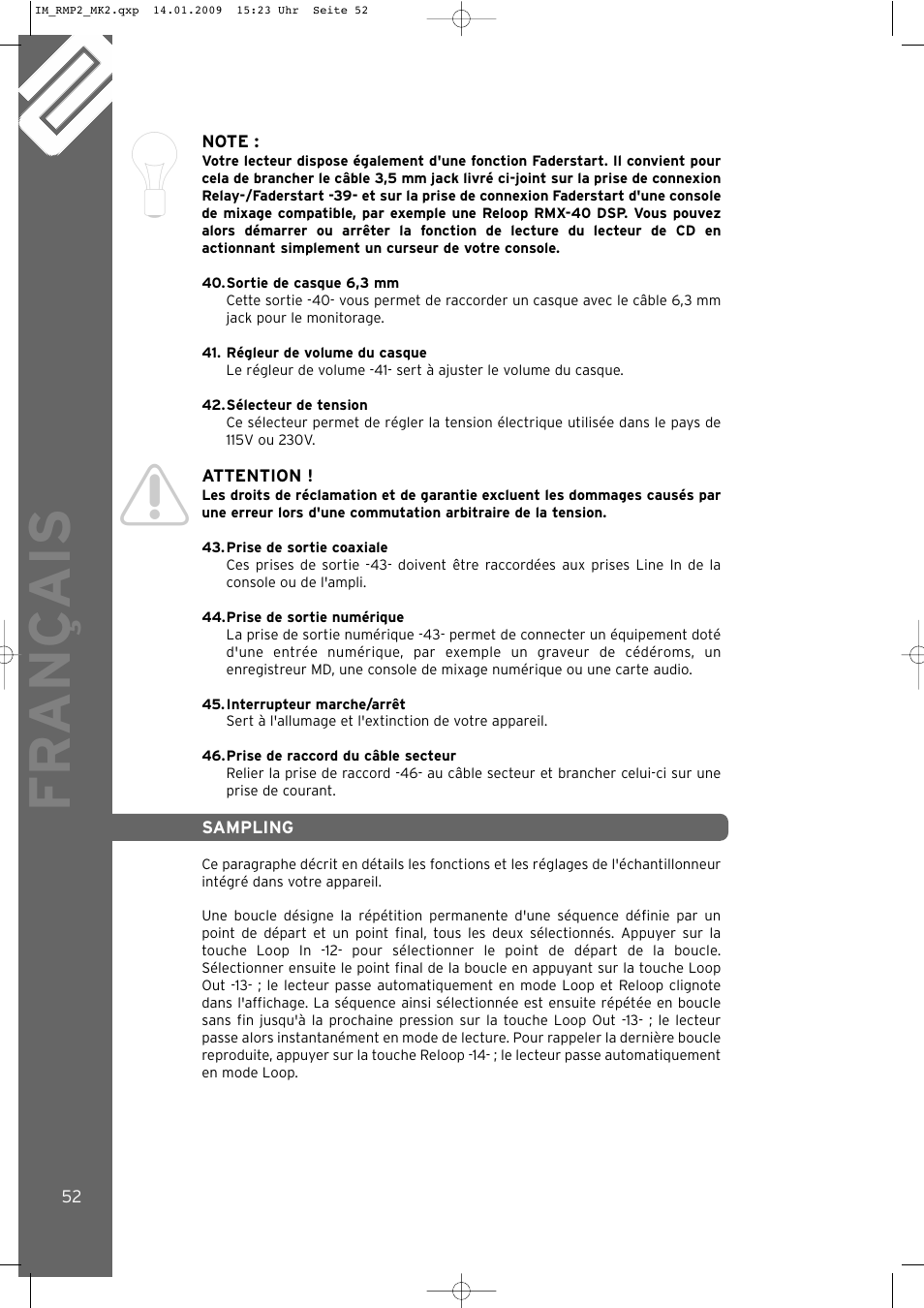 Fr ançais | Reloop RMP-2 MK2 B User Manual | Page 52 / 56