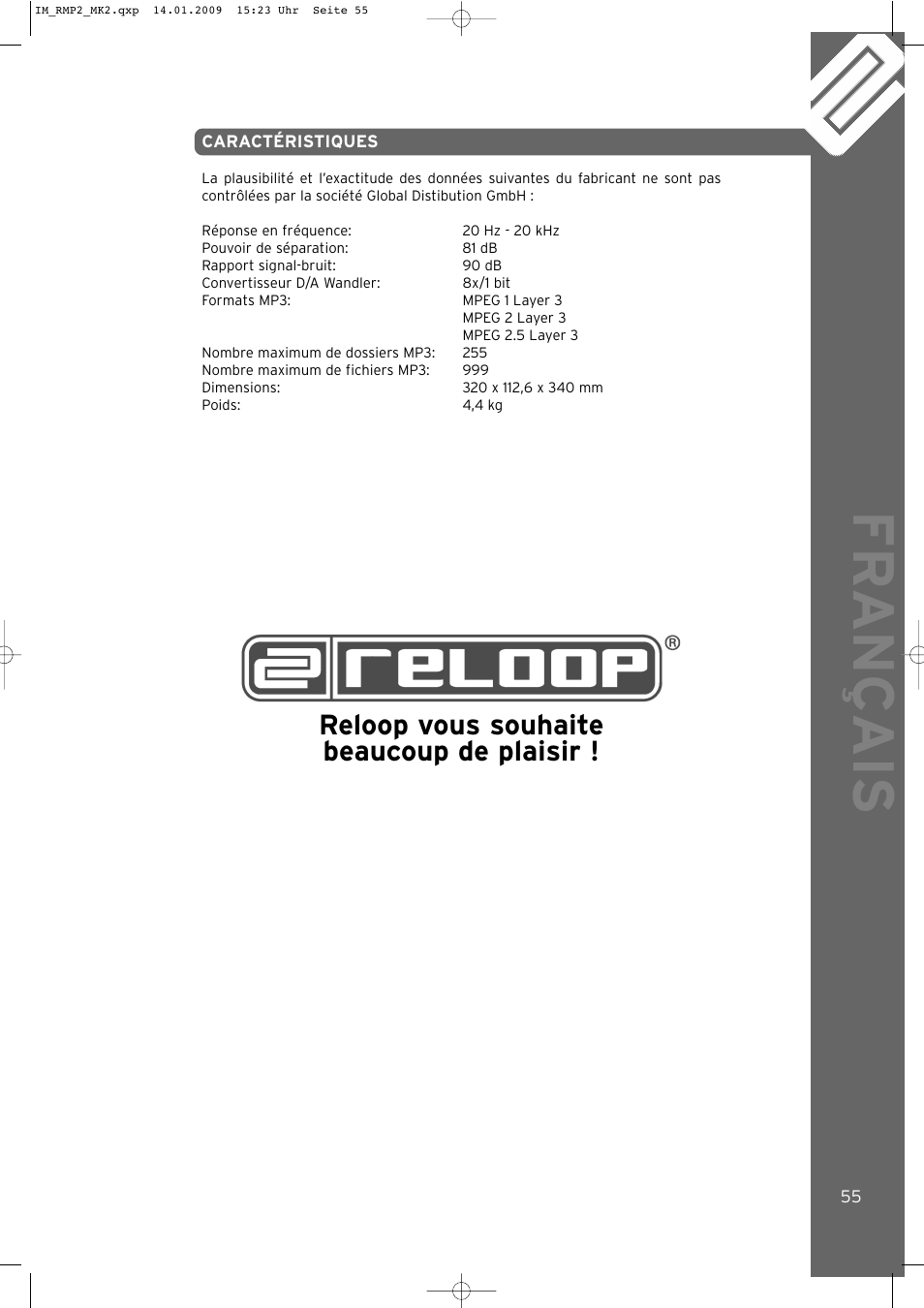 Fr ançais, Reloop vous souhaite beaucoup de plaisir | Reloop RMP-2 MK2 B User Manual | Page 55 / 56