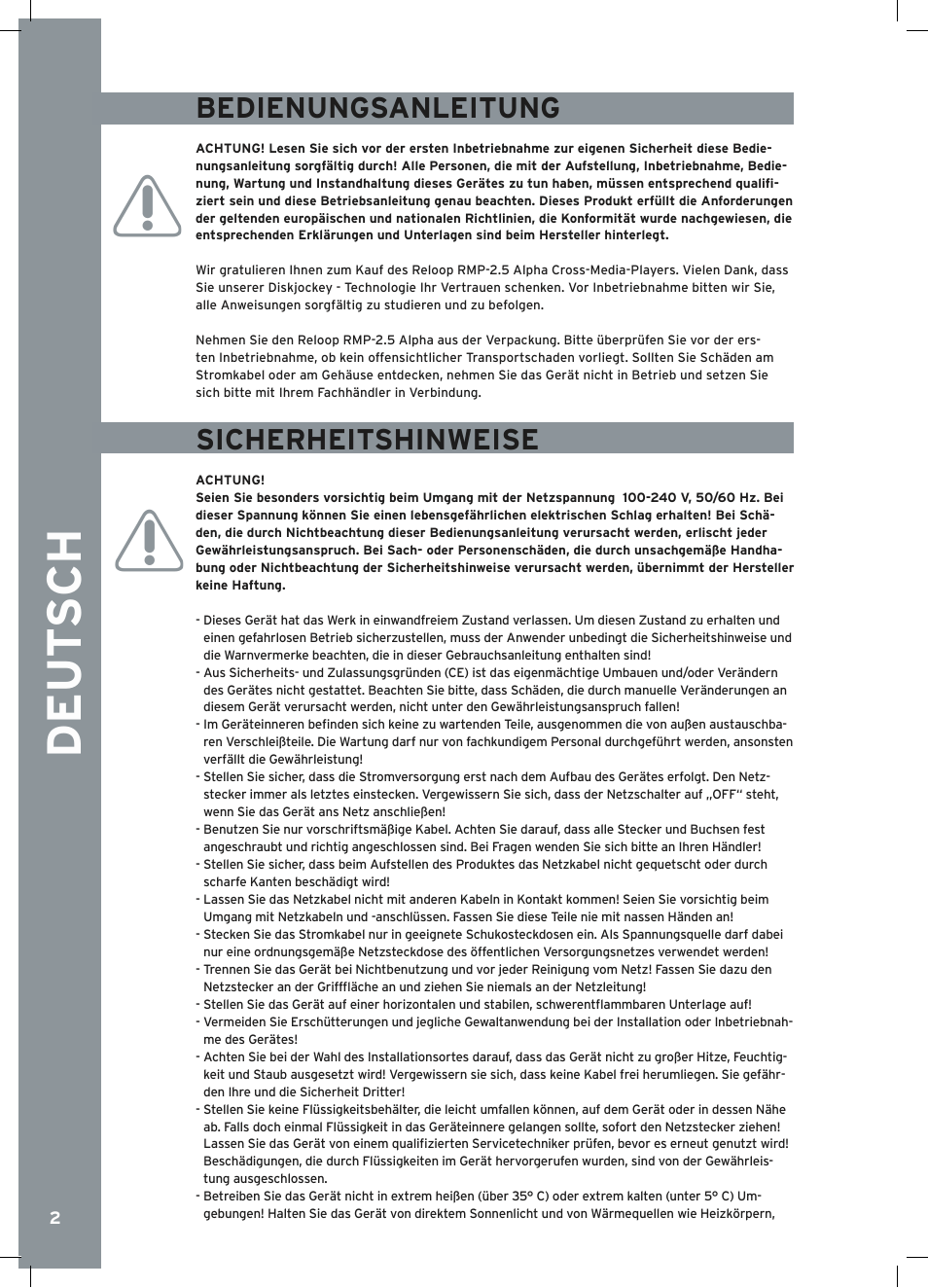 Bedienungsanleitung, Sicherheitshinweise | Reloop RMP-2.5 ALPHA User Manual | Page 2 / 68