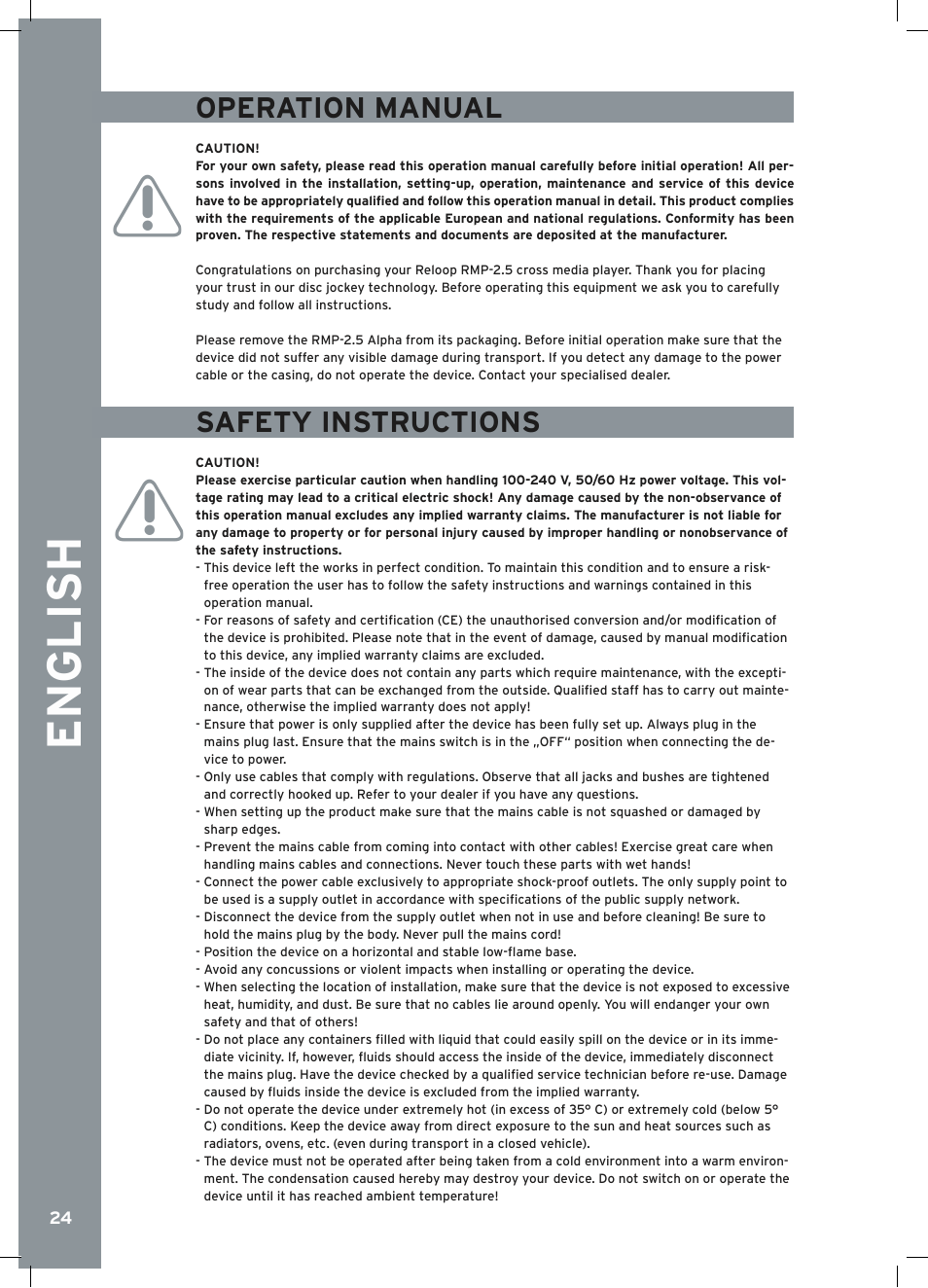 English, Operation manual, Safety instructions | Reloop RMP-2.5 ALPHA User Manual | Page 24 / 68