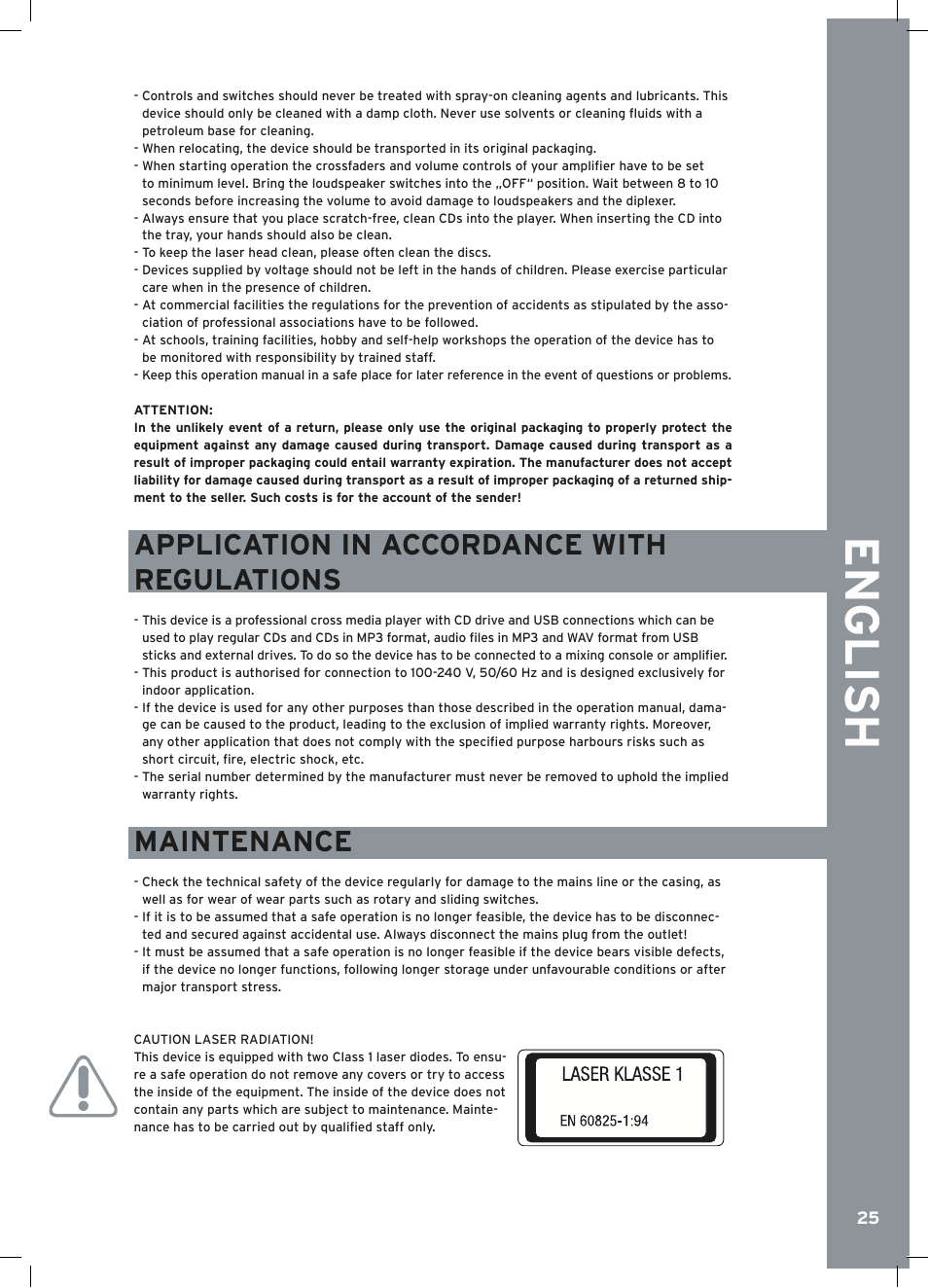 English, Application in accordance with regulations, Maintenance | Reloop RMP-2.5 ALPHA User Manual | Page 25 / 68