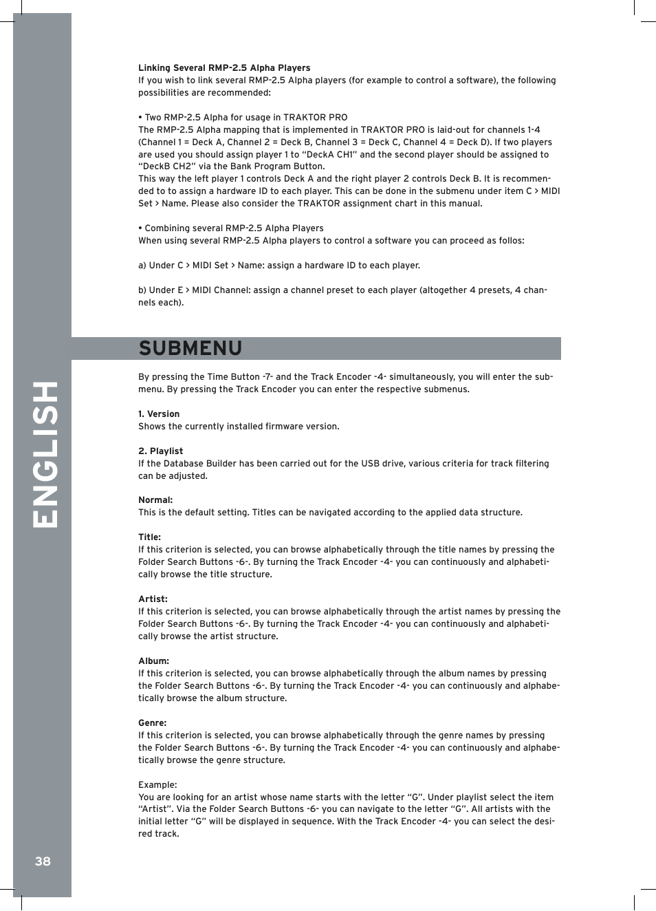 English, Submenu | Reloop RMP-2.5 ALPHA User Manual | Page 38 / 68