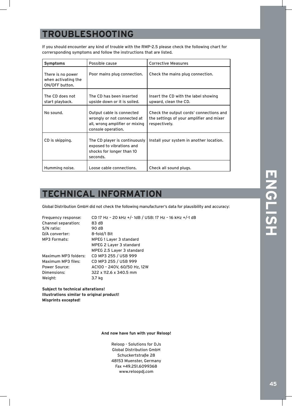 English, Troubleshooting, Technical information | Reloop RMP-2.5 ALPHA User Manual | Page 45 / 68