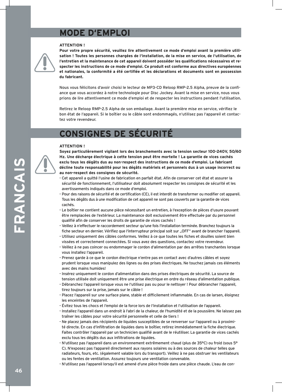 Fr anc ais, Mode d‘emploi, Consignes de sécurité | Reloop RMP-2.5 ALPHA User Manual | Page 46 / 68