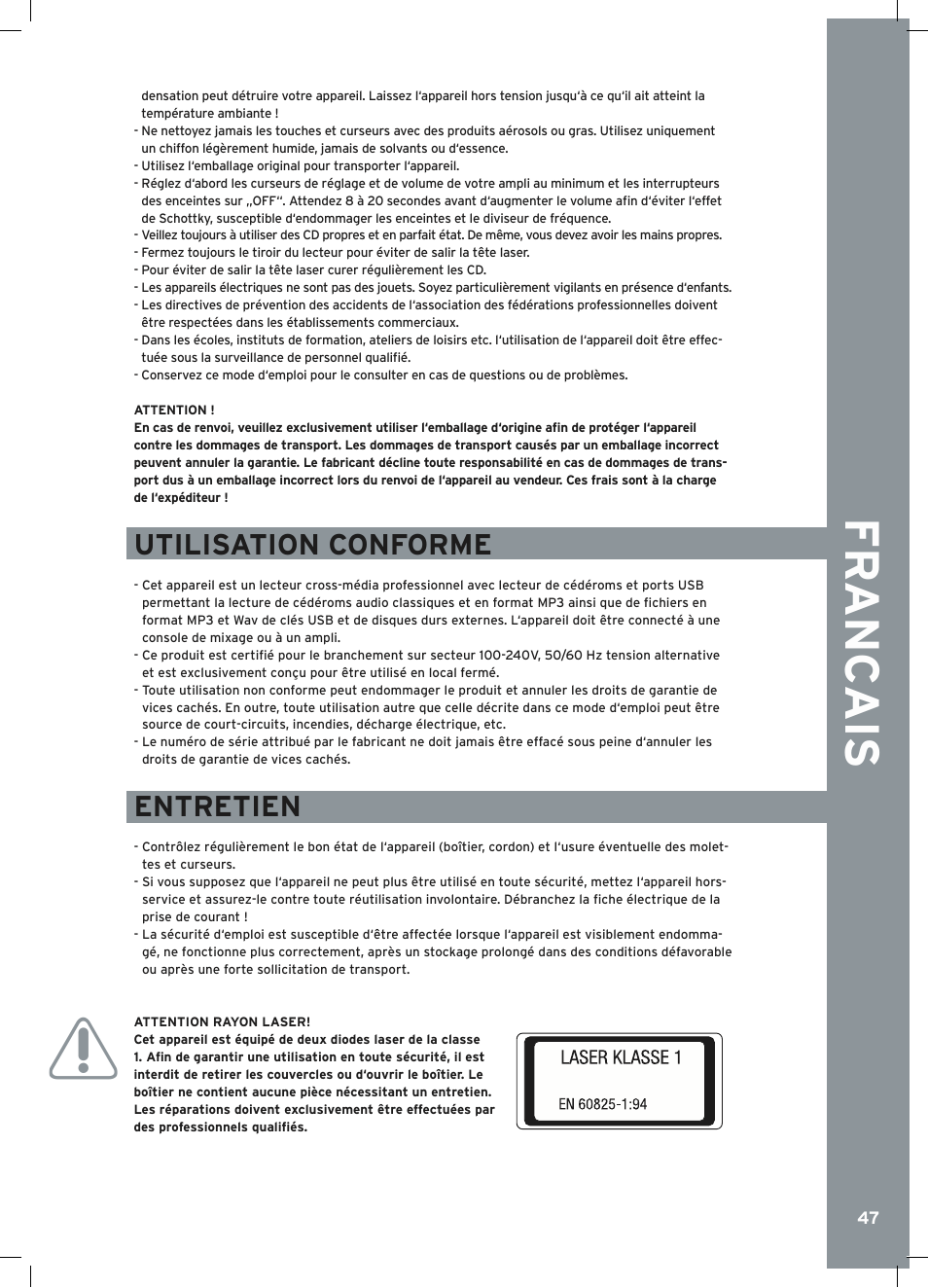 Fr anc ais, Utilisation conforme, Entretien | Reloop RMP-2.5 ALPHA User Manual | Page 47 / 68