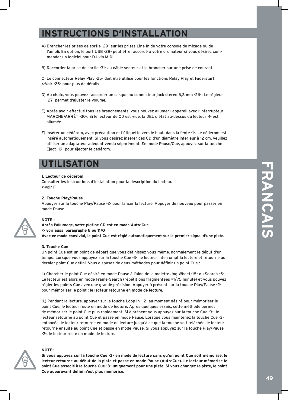 Fr anc ais, Instructions d‘installation, Utilisation | Reloop RMP-2.5 ALPHA User Manual | Page 49 / 68