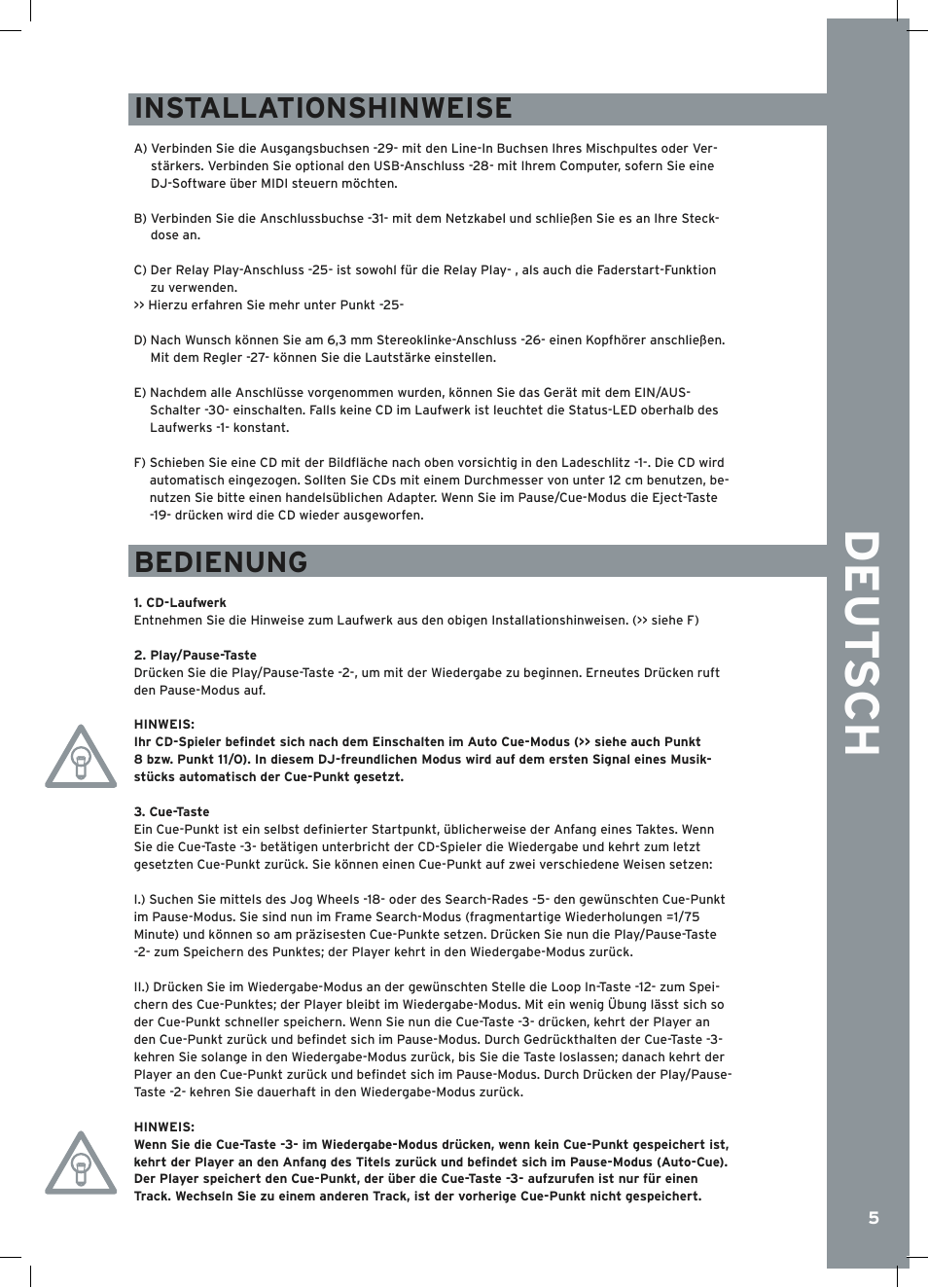 Installationshinweise, Bedienung | Reloop RMP-2.5 ALPHA User Manual | Page 5 / 68