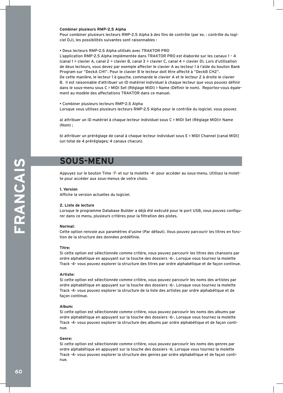 Fr anc ais, Sous-menu | Reloop RMP-2.5 ALPHA User Manual | Page 60 / 68