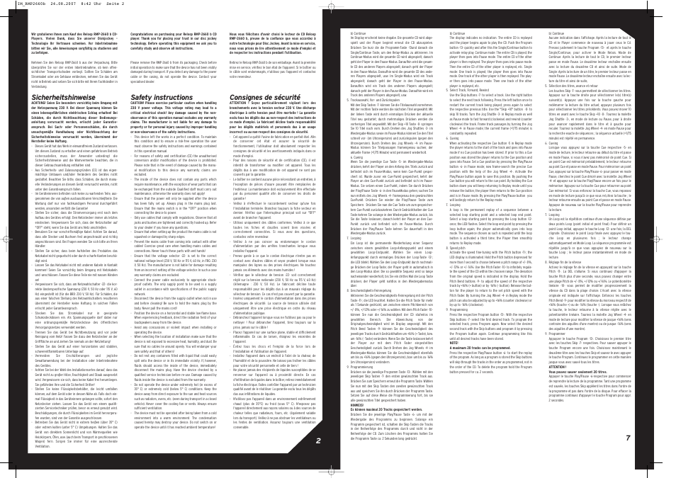 Sicherheitshinweise, Safety instructions, Consignes de sécurité | Reloop RMP-2660 User Manual | Page 2 / 8