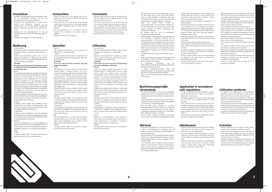Bestimmungsgemäße verwendung, Wartung, 3anschlüsse | Bedienung, Application in accordance with regulations, Maintenance, Connections, Operation, Utilisation conforme, Entretien | Reloop RMP-2660 User Manual | Page 6 / 8
