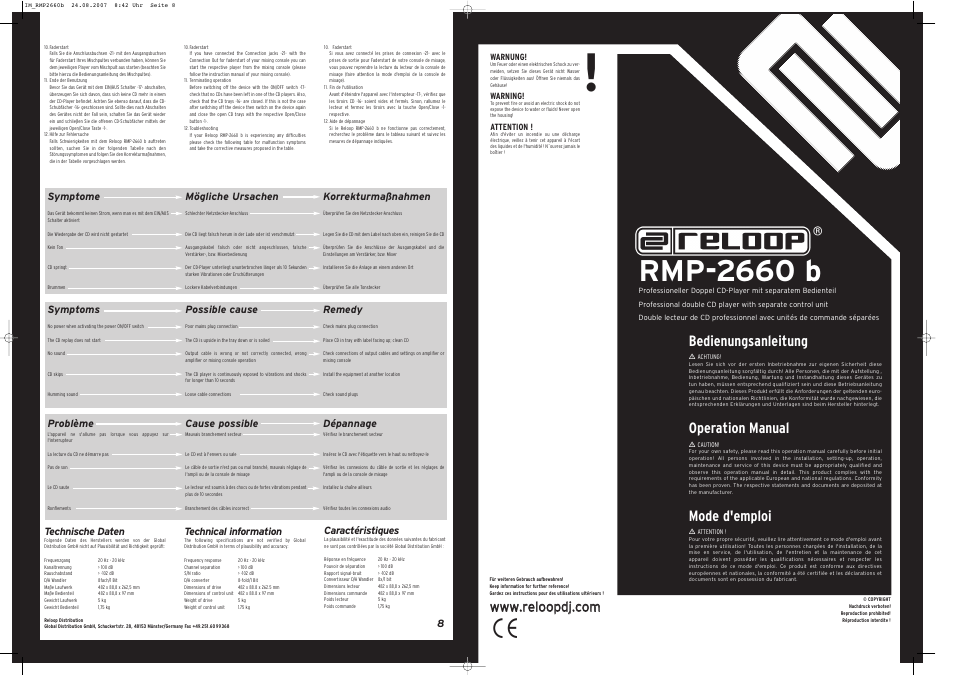 Rmp-2660 b, Bedienungsanleitung, Operation manual | Mode d'emploi | Reloop RMP-2660 User Manual | Page 8 / 8